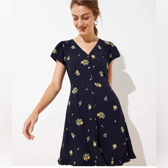 LOFT Dresses & Skirts - Loft 18 Dress Floral Button Down Ruffle Flutter Sleeve Navy Yellow Plus Women